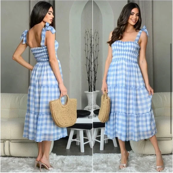 Blue gingham check women’s trendy cute midi blue white dress - Picture 2 of 4